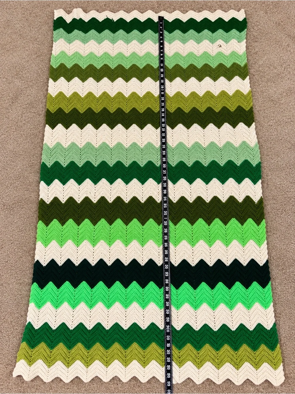 Vintage Handmade Crochet Chevron Afghan Blanket – Green & White